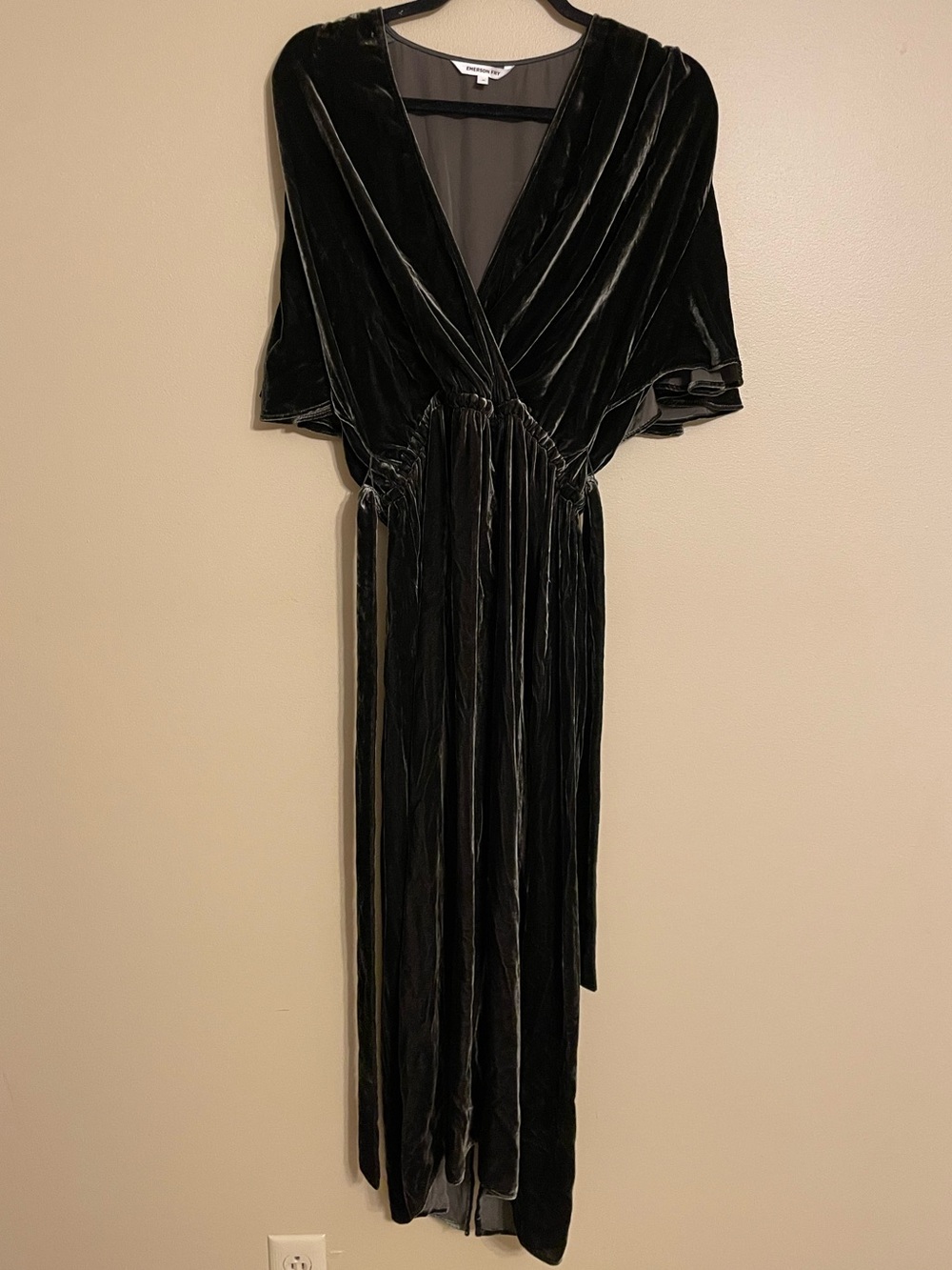 Emerson Fry Lila Silk Velvet Dress dark olive green fall wedding guest luxury
